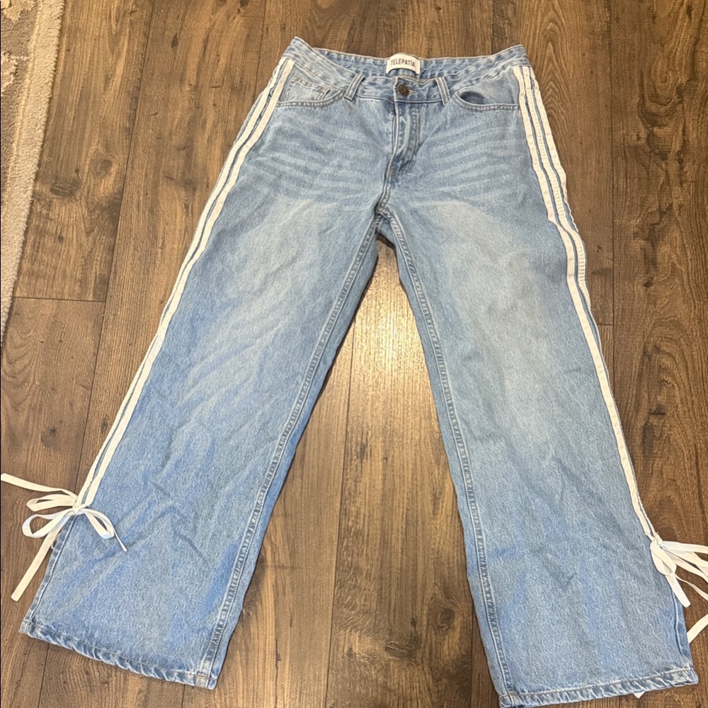 Stylish Light Blue Flare Jeans with White Accents